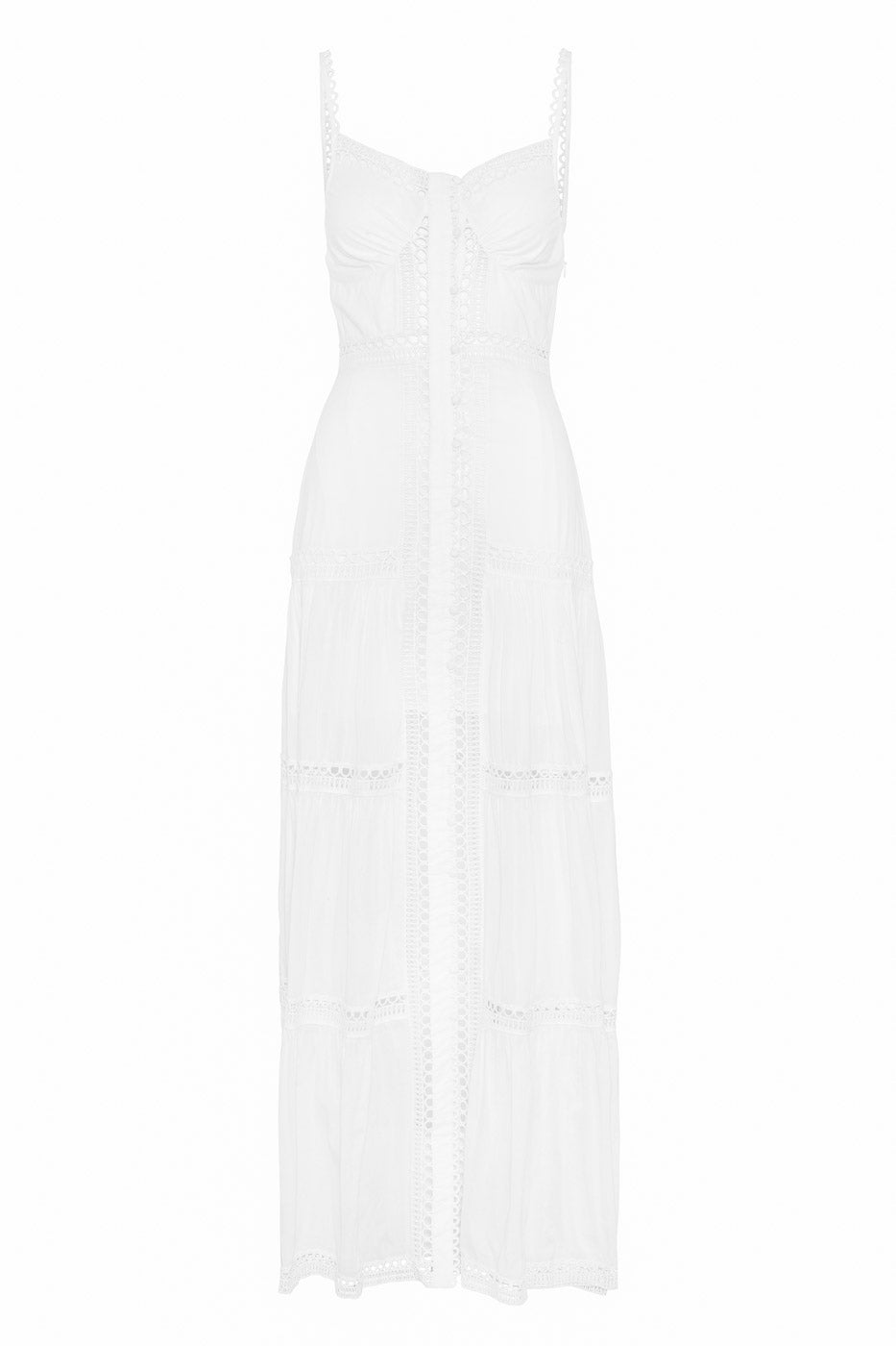 Romantic White Lace Maxi Dress with Tiered Skirt