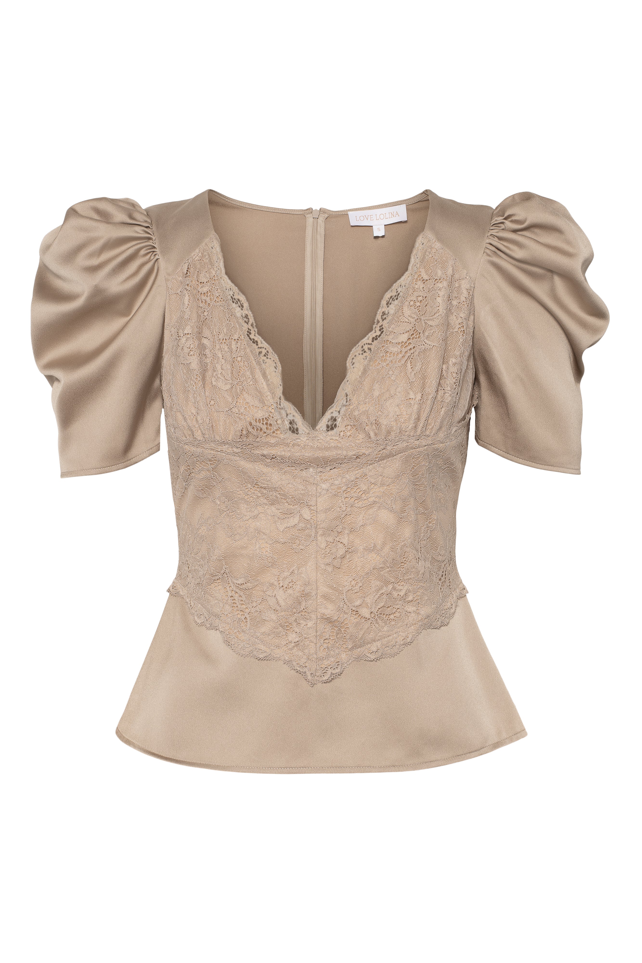 Francis Top Taupe | Lace Top with Puff Sleeves | Love Lolina