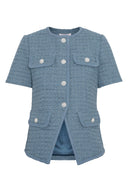 Blå tweedtopp me perleknapper og lommer - perfekt til jobb og fest