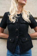 Sort tweedtopp med perleknapper og lommer - perfekt til jobb og fest