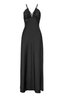 Sort satengkjole med spaghettistropper og åpen rygg - perfekt til fest