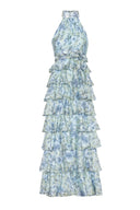 Floral halterneck dress designed with voluminous skirt and belt in the waist, perfect for a wedding guest.