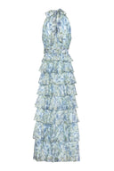 Floral halterneck dress designed with voluminous skirt and belt in the waist, perfect for a wedding guest.