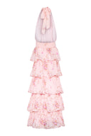 Floral, feminine halterneck dress with open back that is perfect for wedding guest.