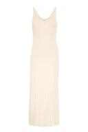 Ribbed midi dress featuring fitted silhouette and spaghetti straps.