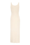 Ribbed midi dress featuring fitted silhouette and spaghetti straps.