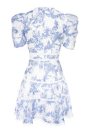 Summer dress featuring floral print and puffy, short sleeves.