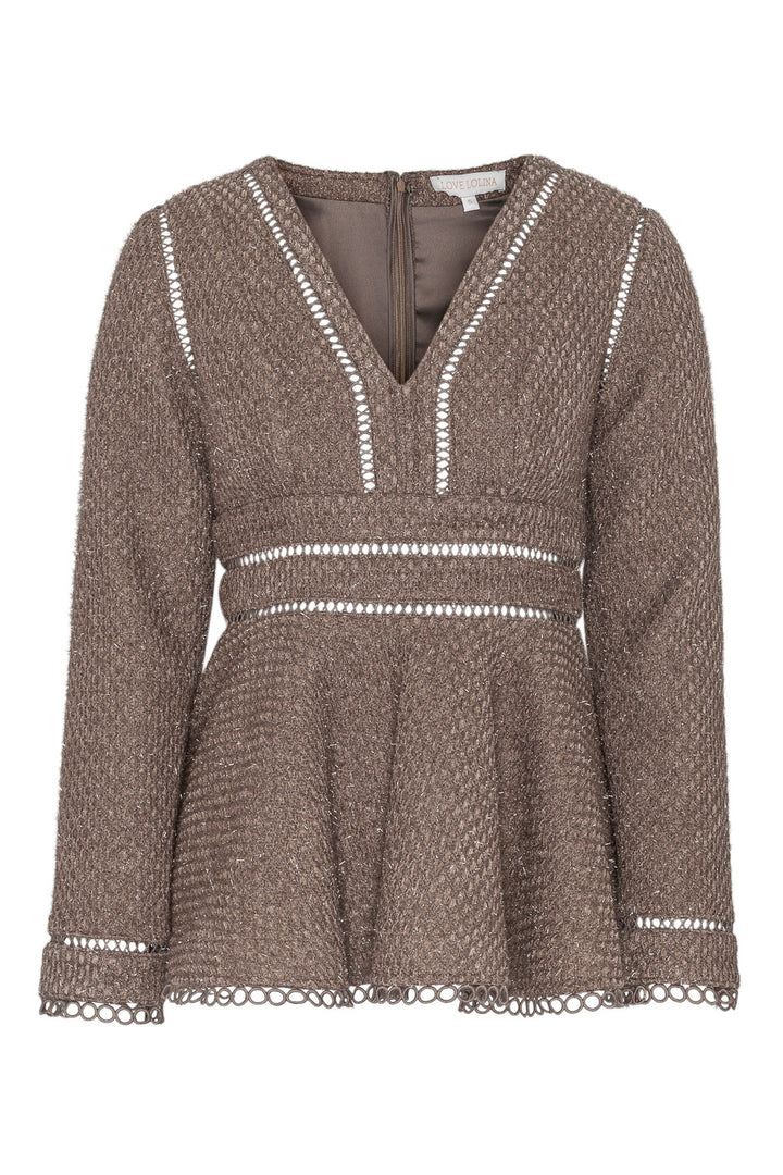 Brun glitterbluse med lange ermer - fin til fest og begivenheter