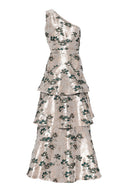 Glittrende maxikjole med grønne blomster og en-skulder design - perfekt til bryllup eller fest