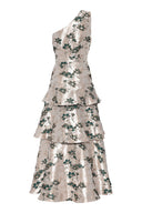 Glittrende maxikjole med grønne blomster og en-skulder design - perfekt til bryllup eller fest