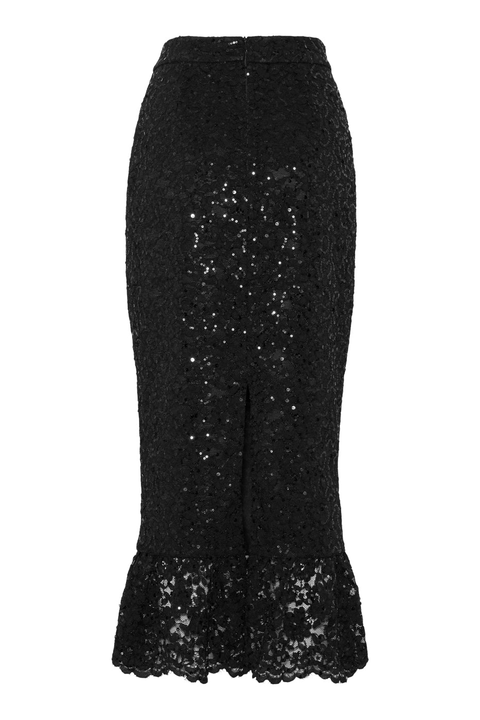Klassisk og elegant maxiskjørt laget i sort lace med paljetter.