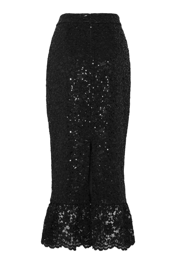 Klassisk og elegant maxiskjørt laget i sort lace med paljetter.