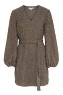 Brun glitterkjole med belte i midje og puffermer - perfekt til fest