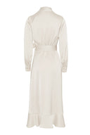 Satin, champagne midi dress featuring wrap style.