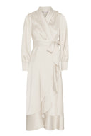 Satin, champagne midi dress featuring wrap style.