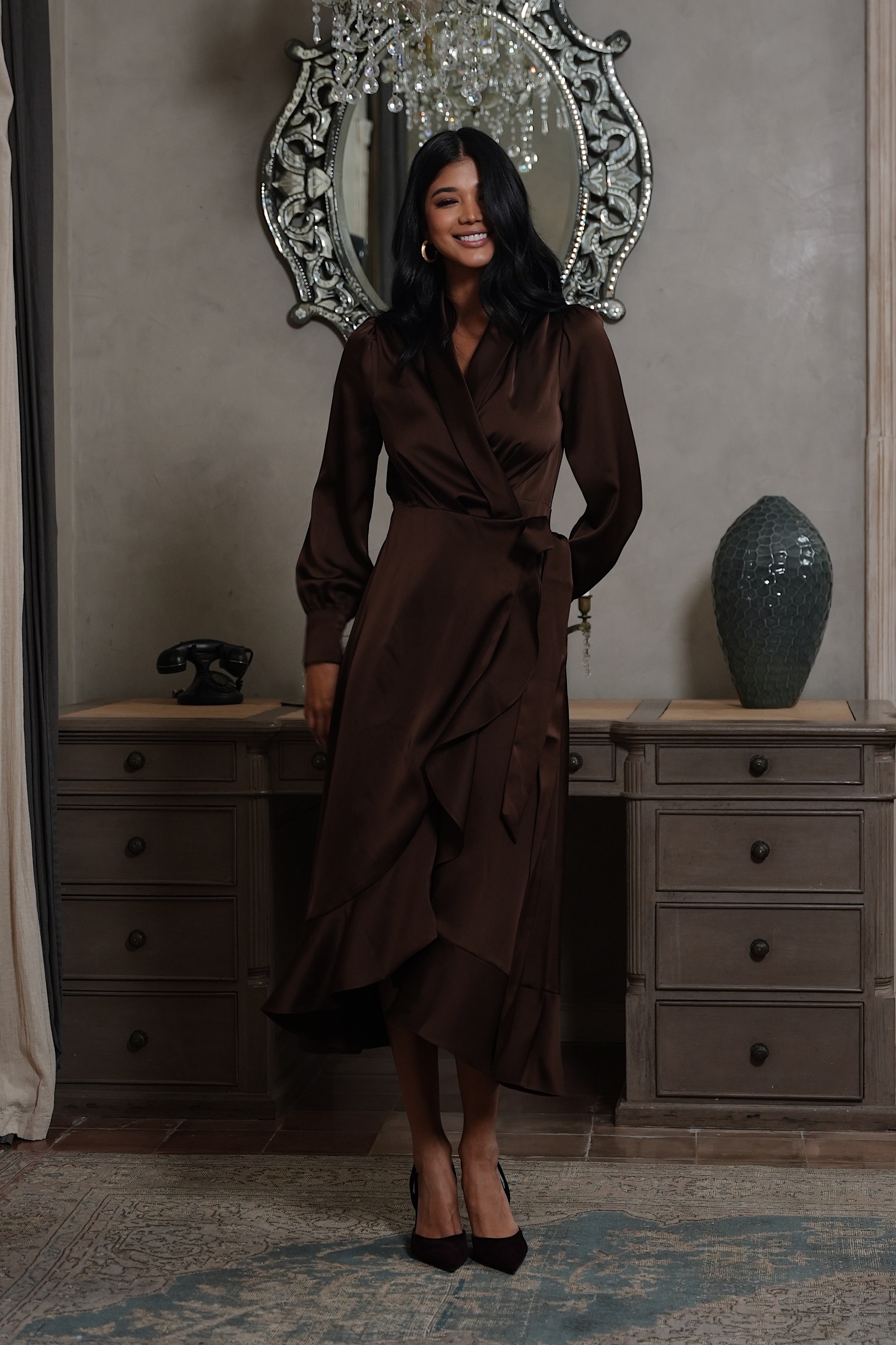 Iza Midi Dress Espresso | Satin Wrap Midi Dress | Love Lolina