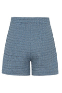 Blå tweed shorts med perleknapp - perfekt til jobb og fest