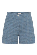 Blå tweed shorts med perleknapp - perfekt til jobb og fest