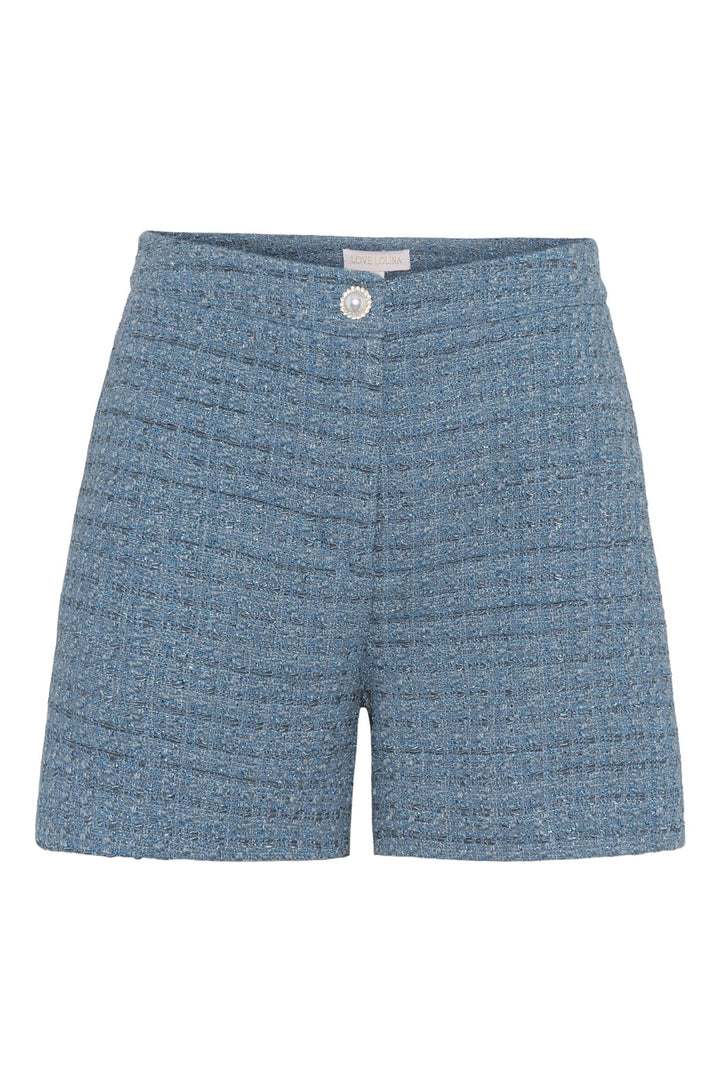 Blå tweed shorts med perleknapp - perfekt til jobb og fest