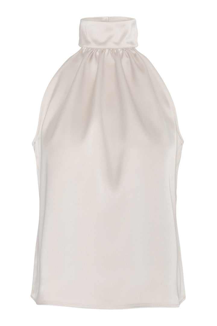 Halterneck bluse i kremfarget sateng - perfekt til fest