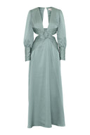 Grønn maxikjole med lange ermer og V-hals - perfekt til fest eller bryllup