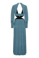 Maxi dress crafted in blue shimmery fabric, featuring deep V-neckline and cut-outs on the sides.