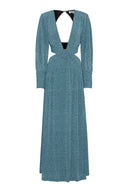 Maxi dress crafted in blue shimmery fabric, featuring deep V-neckline and cut-outs on the sides.