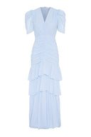 Feminine dress mede with fitted silhouette and draped waist.