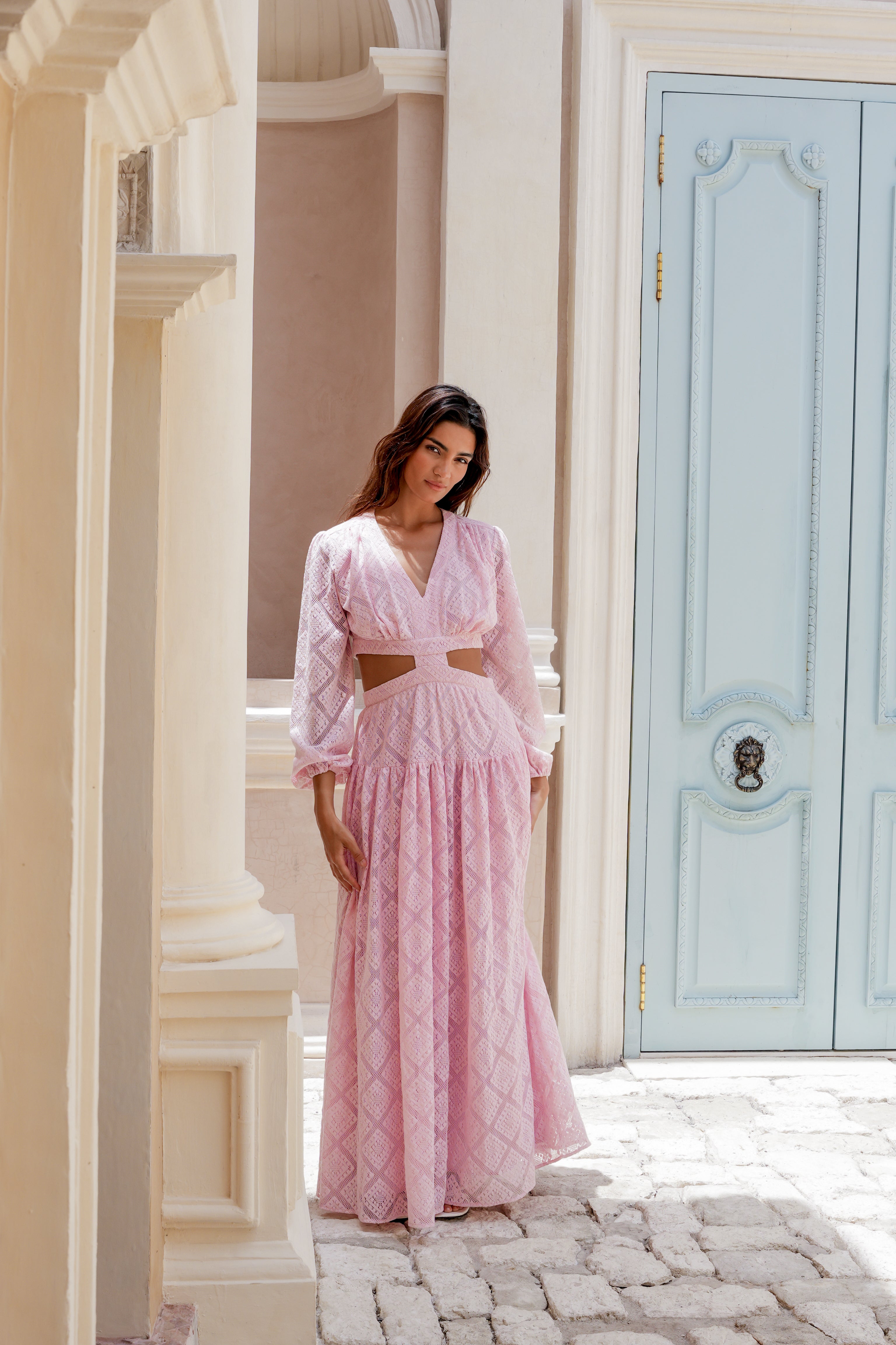 long pink dresses with lace sleeves Ball Gowns Wedding 100% Polyester CREPE PINK DRESS WITH LACE