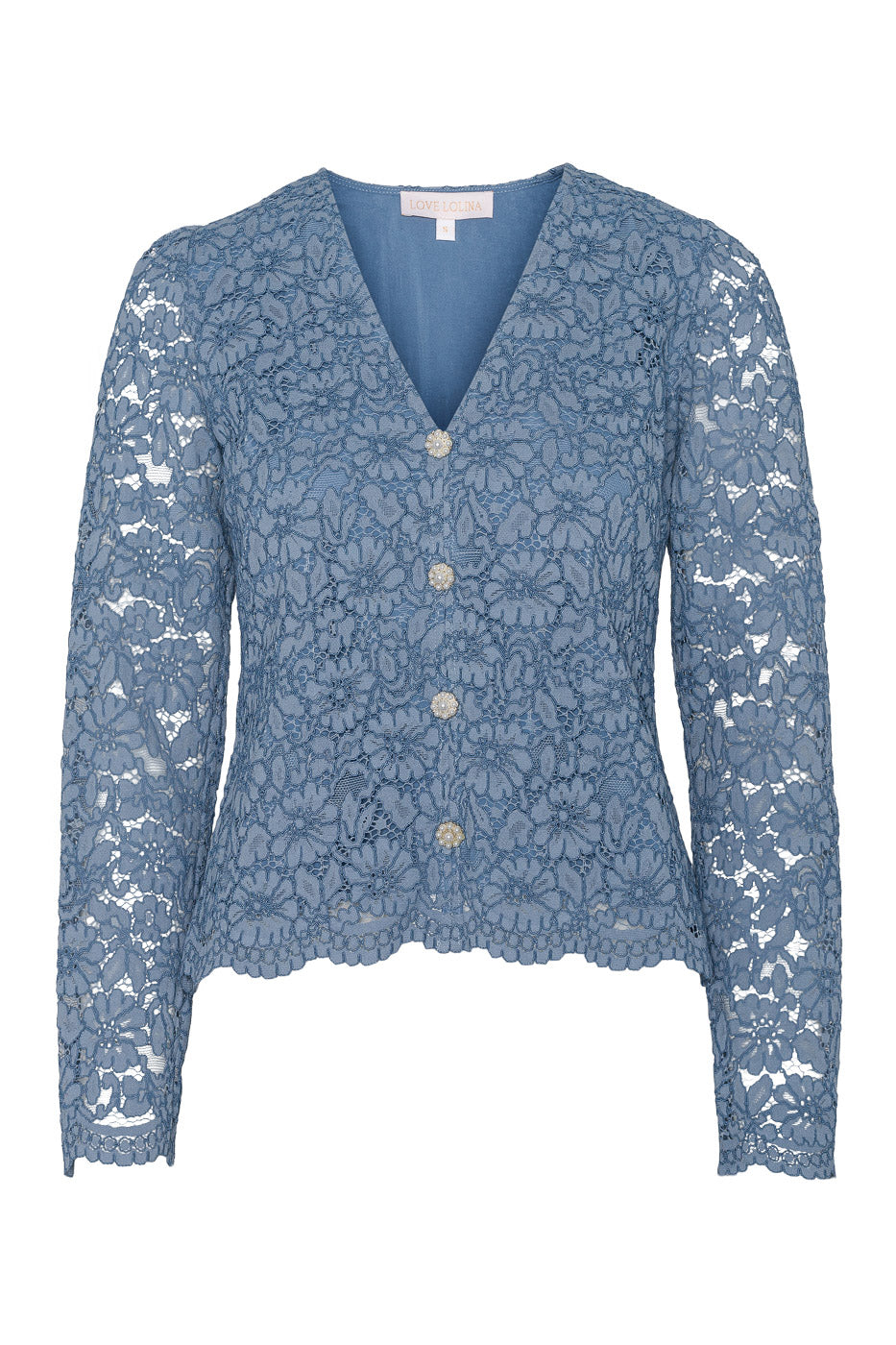 Blå blondebluse med perleknapper og V-hals - perfekt til jeans og skjørt