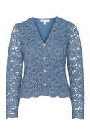 Blå blondebluse med perleknapper og V-hals - perfekt til jeans og skjørt