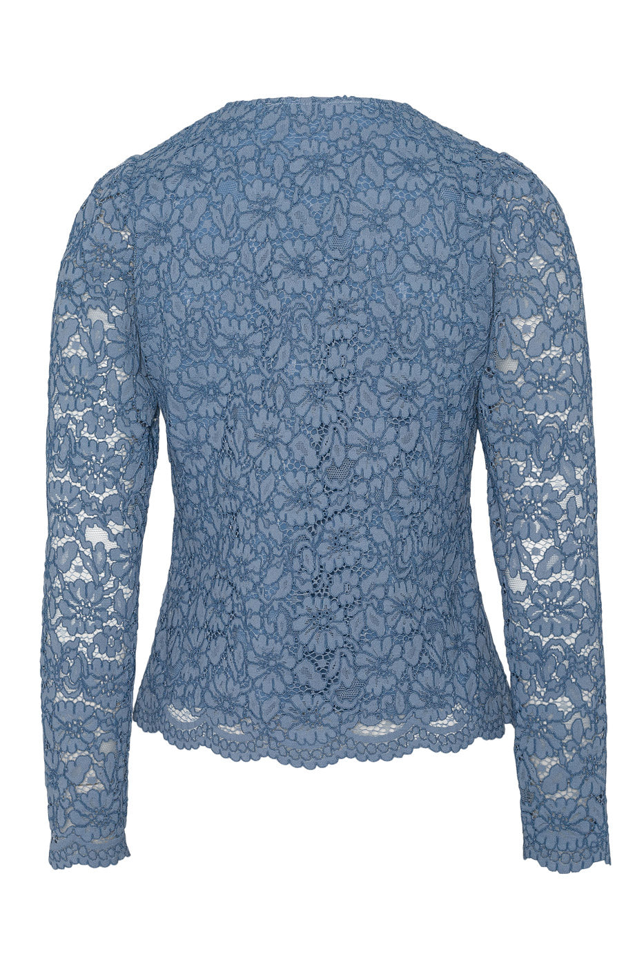 Blå blondebluse med perleknapper og V-hals - perfekt til jeans og skjørt