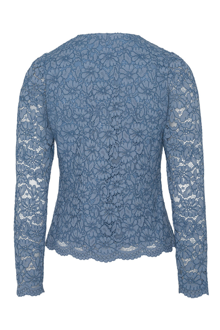 Blå blondebluse med perleknapper og V-hals - perfekt til jeans og skjørt