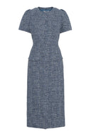 Navy tweedkjole med korte ermer til jobb og fest - elegant midikjole 