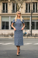 Navy tweedkjole med korte ermer til jobb og fest - elegant midikjole 