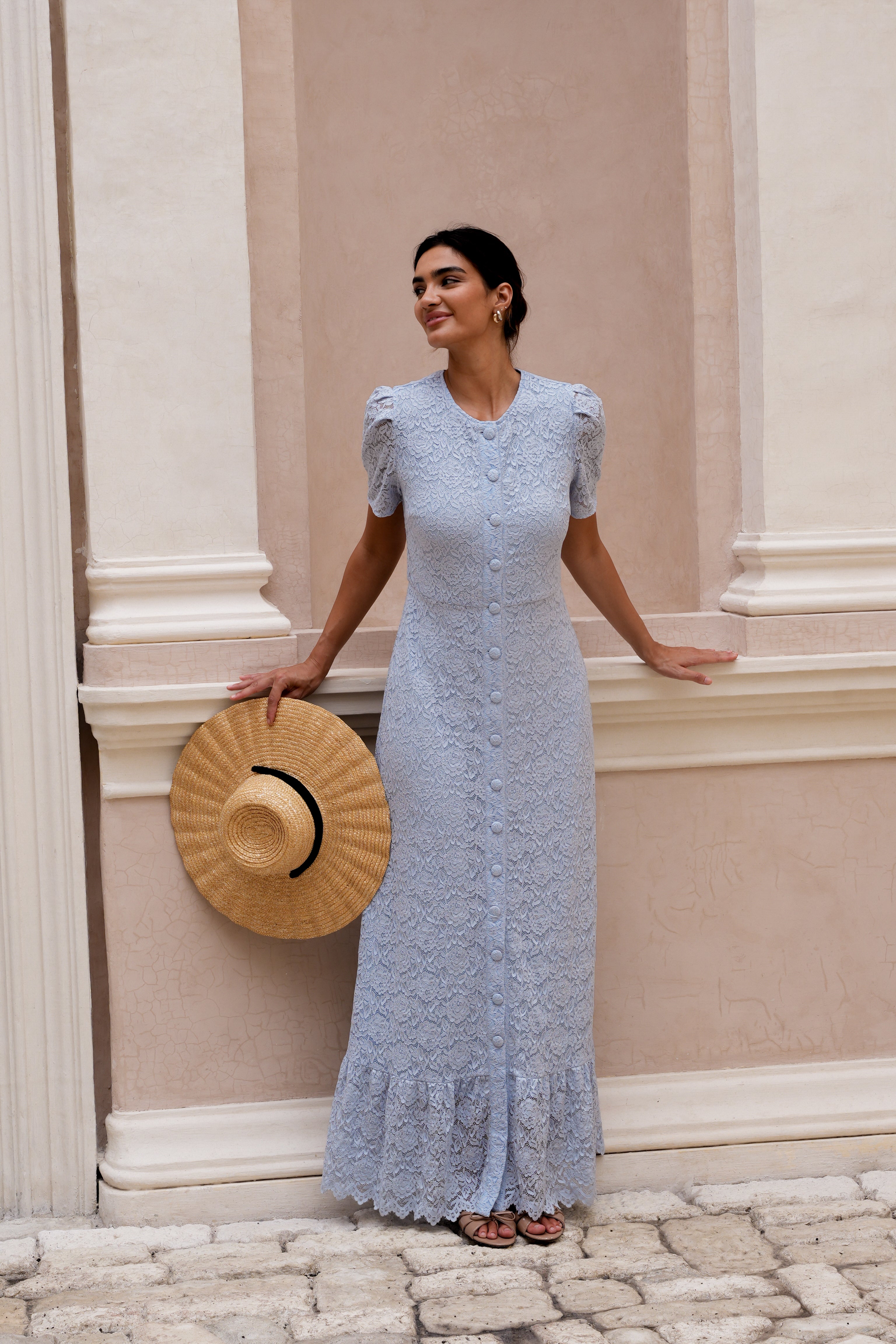 blue lace maxi dress Stassie Maxi Dress Summerlace Sky - Light Blue Lace Maxi Dress