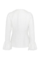 Feminine tweed jacket featuring a rounded neckline and fitted silhouette.