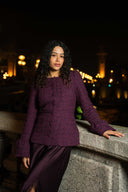 Tweedjakke i burgunder med shimmer - perfekt til jobb eller fest