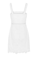 Feminine, embroidered mini dress featuring fitted silhouette.