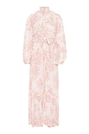 Floral, feminine dress featuring high collar and semi-sheer long sleeves. 