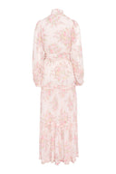 Floral, feminine dress featuring high collar and semi-sheer long sleeves. 