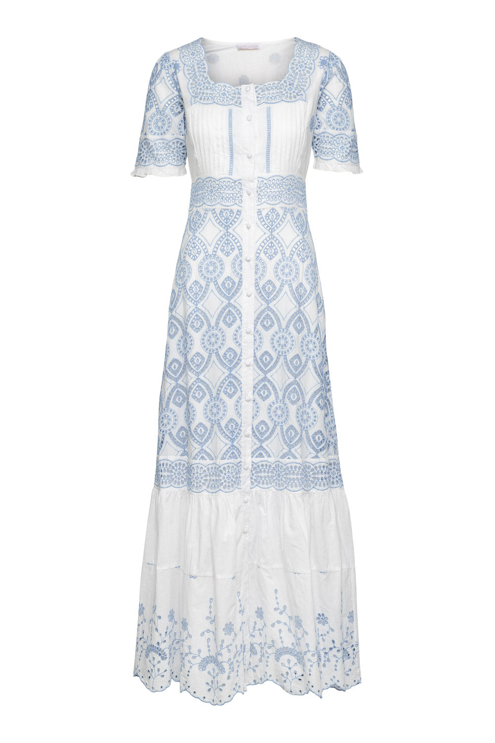 Abigail Maxi Dress White w Blue Embroidery