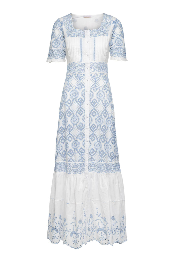 Abigail Maxi Dress White w Blue Embroidery