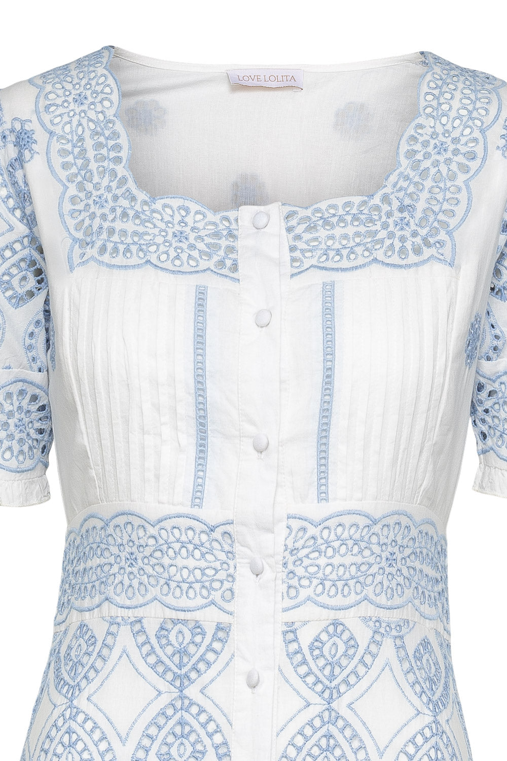 Abigail Maxi Dress White w Blue Embroidery