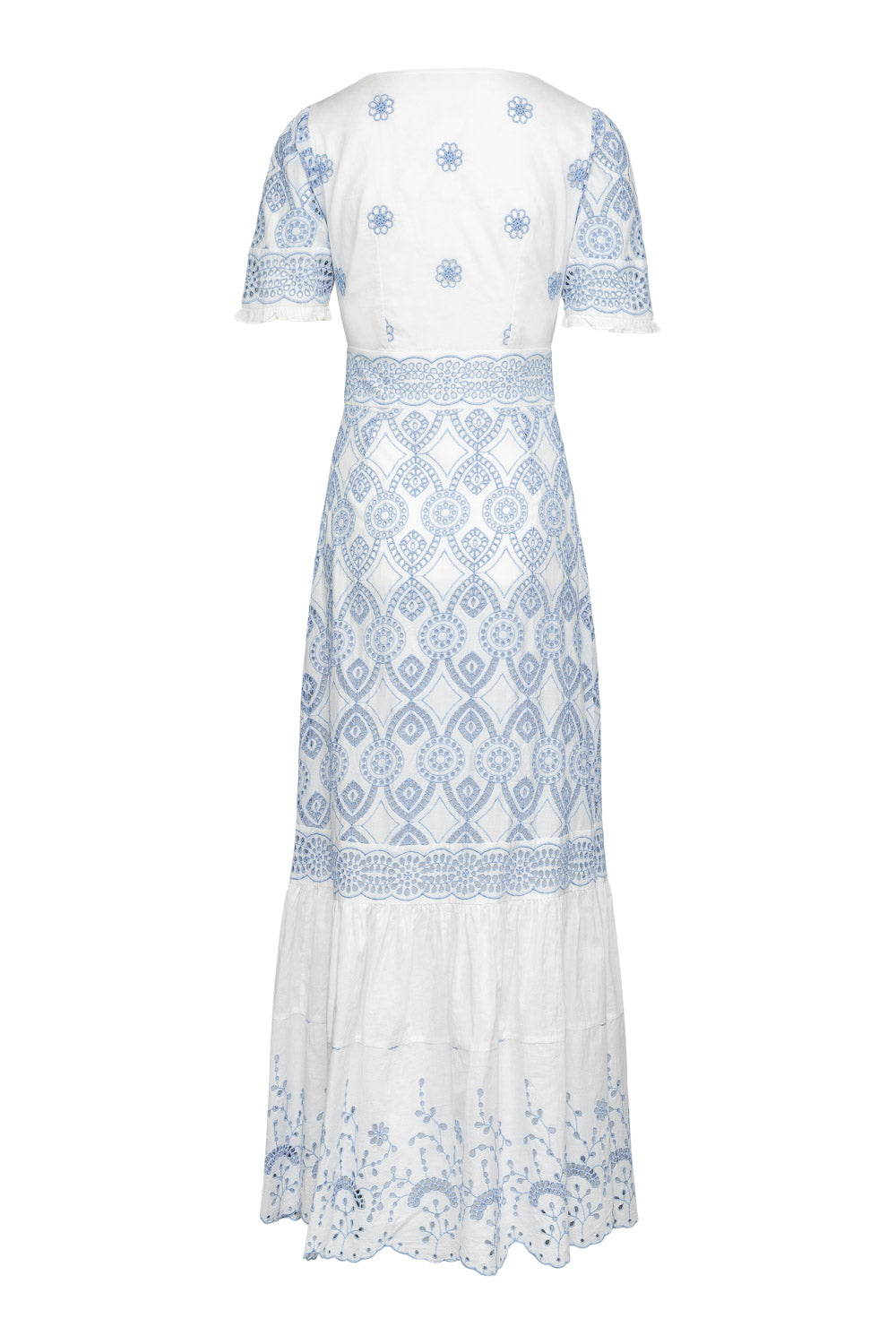 Abigail Maxi Dress White w Blue Embroidery