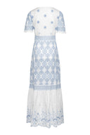 Abigail Maxi Dress White w Blue Embroidery