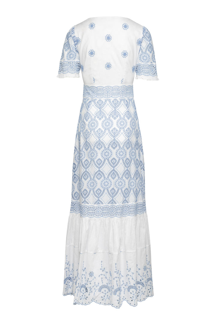 Abigail Maxi Dress White w Blue Embroidery