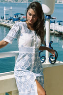 Abigail Maxi Dress White w Blue Embroidery